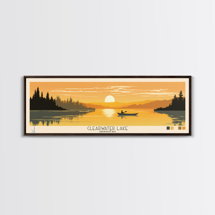 Clearwater Lake Missouri Framed Canvas Print, Pop Art Panoramic Travel Poster, Midcentury Modern, Wall Art, Scenic Nature Painting, Bedroom Decor, Living Room Art