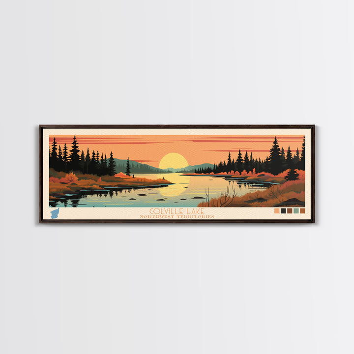 Colville Lake Northwest Territories Framed Canvas Print, Pop Art Panoramic Travel Poster, Bedroom Decor, Midcentury Modern, Wall Art, Scenic Lake House, Nature Art