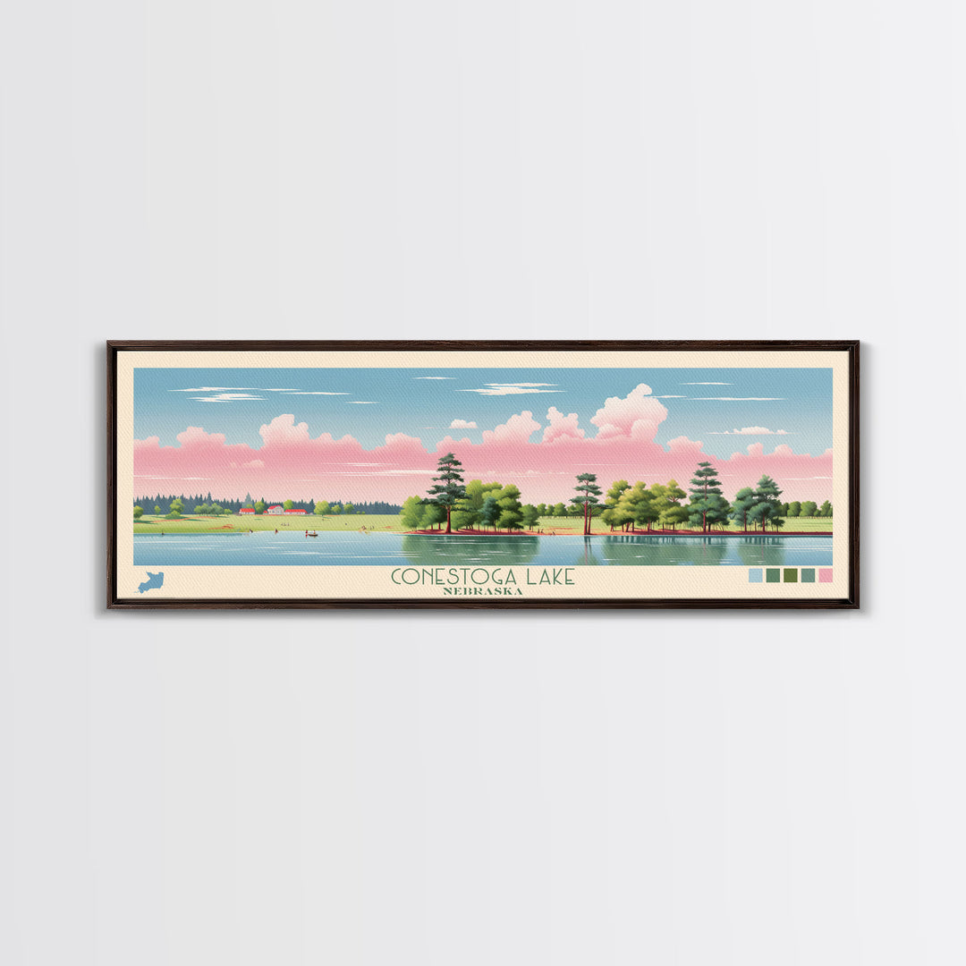 Conestoga Lake Nebraska Framed Canvas Print, Pop Art Panoramic Travel Poster, Midcentury Modern, Wall Art, Scenic Nature Painting, Bedroom Decor, Living Room Art