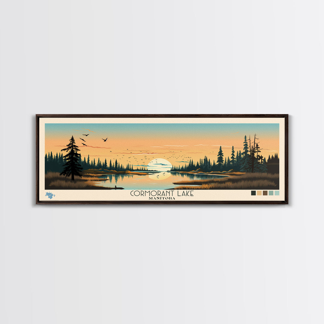 Cormorant Lake Manitoba Framed Canvas Print, Pop Art Panoramic Travel Poster, Midcentury Modern, Wall Art, Scenic Nature Painting, Bedroom Decor, Living Room Art