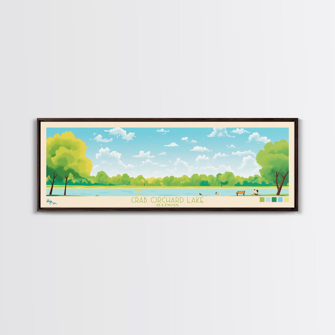 Crab Orchard Lake Illinois Framed Canvas Print, Midcentury Modern Panoramic Wall Art, Living Room Decor, Pop Art, Travel Poster Art, Scenic Nature Painting, Lake House Decor