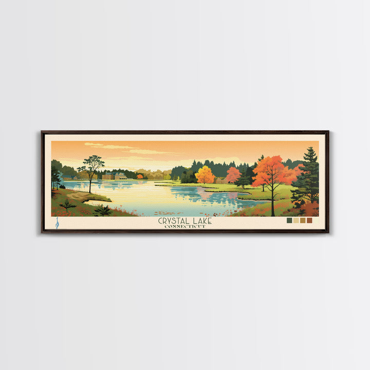Crystal Lake Connecticut Framed Canvas Print, Pop Art Panoramic Travel Poster, Midcentury Modern, Wall Art, Scenic Nature Painting, Bedroom Decor, Living Room Art