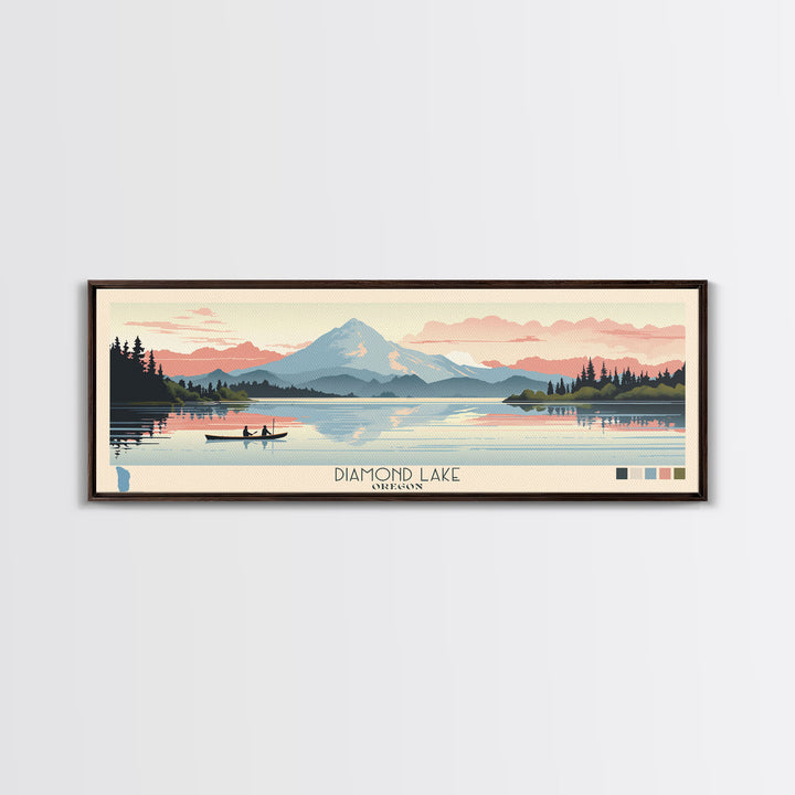 Diamond Lake Oregon Framed Canvas Print, Midcentury Modern Panoramic Wall Art, Bedroom Decor, Pop Art, Travel Poster Art, Scenic Nature Painting