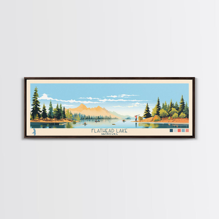 Flathead Lake Montana Framed Canvas Print, Panoramic Wall Art, Midcentury Modern, Pop Art, Bedroom Decor, Travel Poster, Nature Painting, Artistic Decor