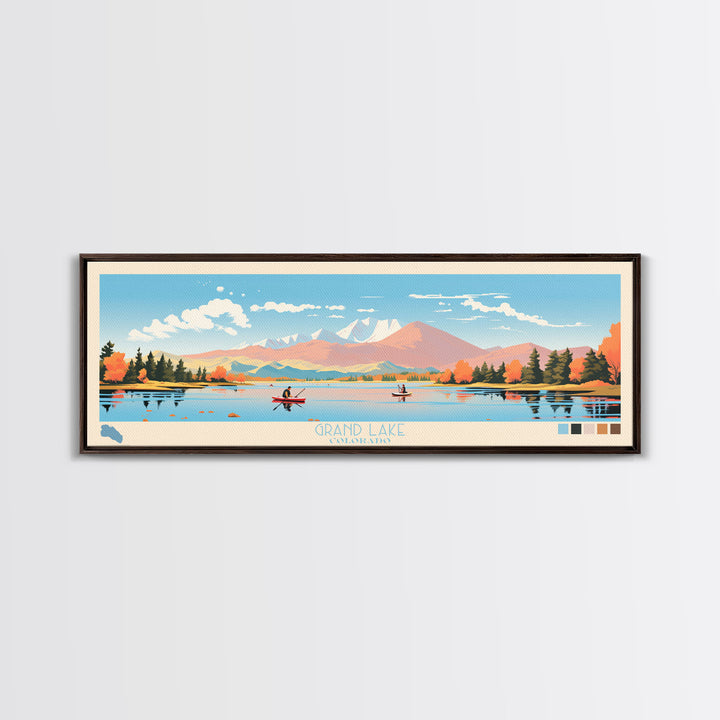 Grand Lake Colorado Framed Canvas Print, Panoramic Wall Art, Midcentury Modern, Pop Art, Living Room Decor, Travel Poster, Nature Art, Home Decor