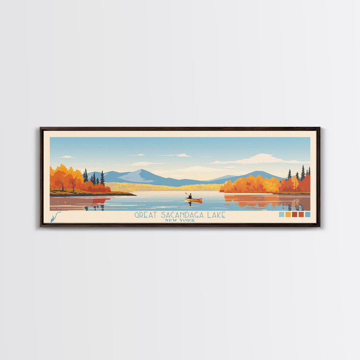 Great Sacandaga Lake New York Framed Canvas Print, Panoramic Art, Midcentury Modern, Pop Art, Bedroom Decor, Travel Poster, Lake House Art, Home Decor