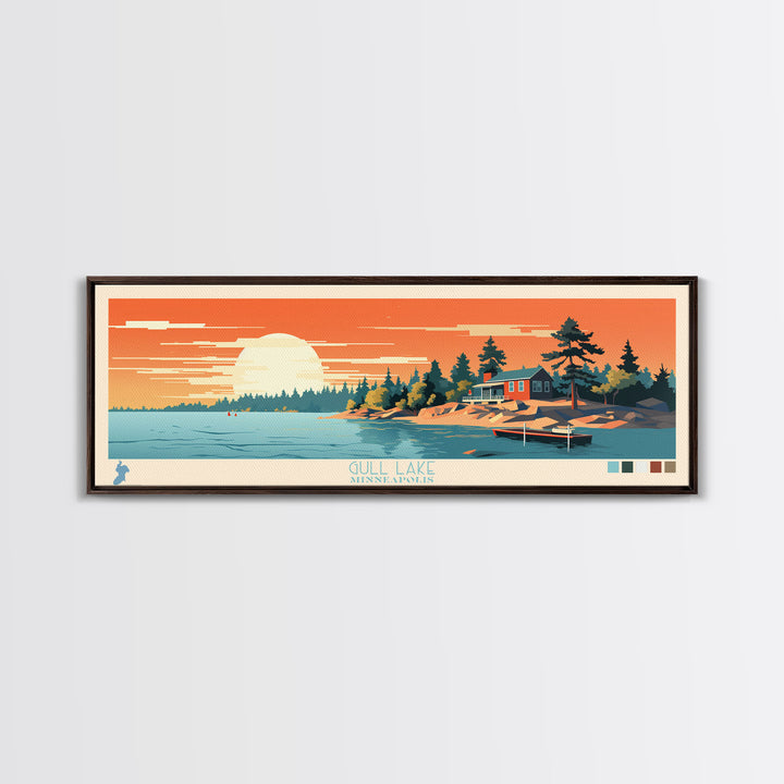 Gull Lake Minneapolis Framed Canvas Print, Panoramic Wall Art, Midcentury Modern, Pop Art, Living Room Decor, Travel Poster, Nature Art, Lake House Art