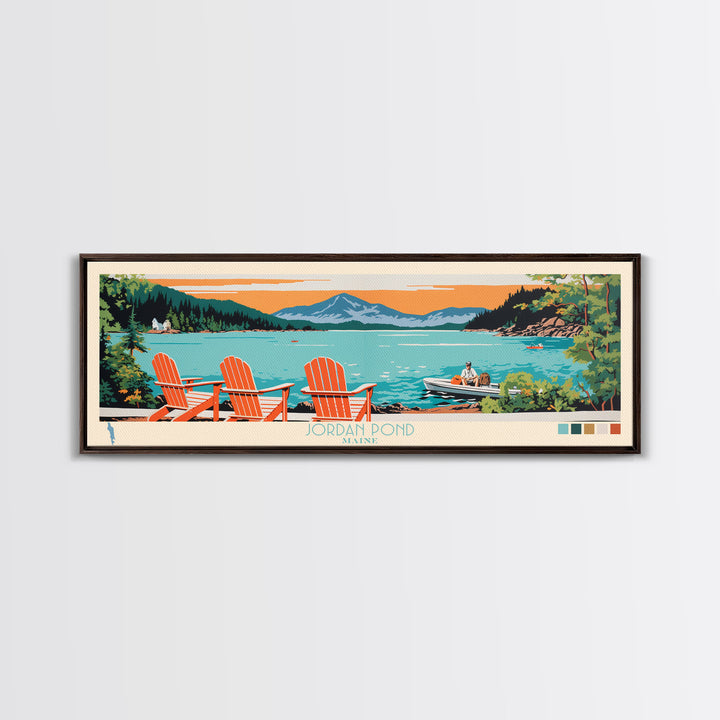 Jordan Pond Maine Framed Canvas Print, Panoramic Wall Art, Midcentury Modern, Pop Art, Bedroom Decor, Travel Poster, Artistic Home Decor