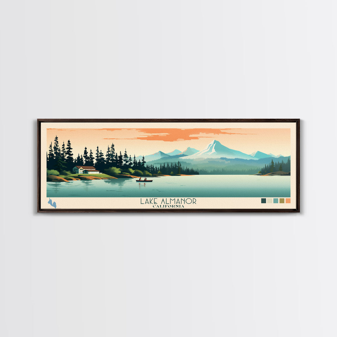 Lake Almanor California Framed Canvas Print, Panoramic Art, Midcentury Modern, Pop Art, Living Room Wall Art, Travel Poster, Lake House Decor
