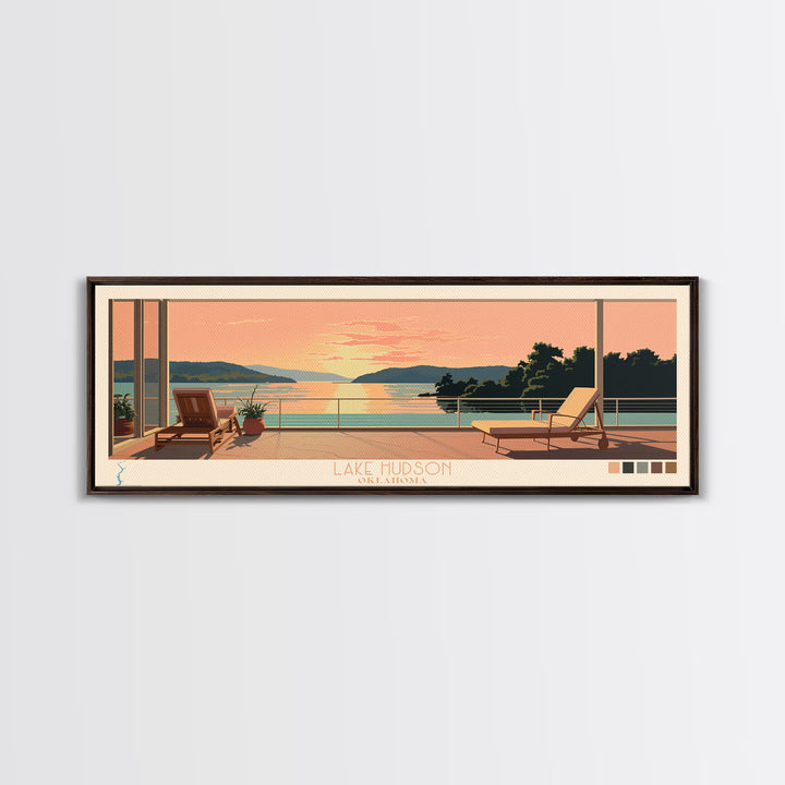 Lake Hudson Oklahoma Framed Canvas Print, Panoramic Wall Art, Midcentury Modern, Pop Art, Lake House Art, Travel Poster, Bedroom Decor