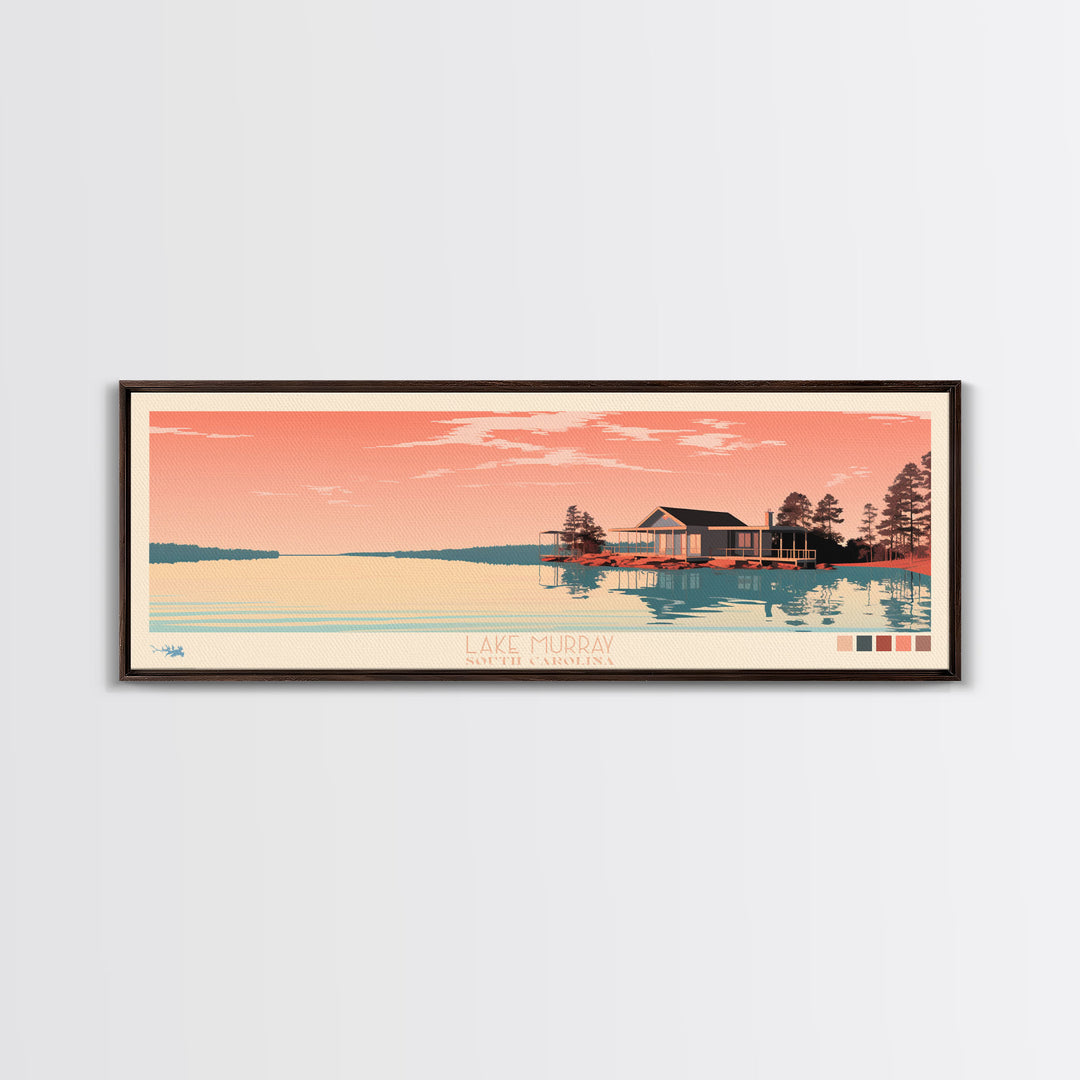 Lake Murray South Carolina Framed Canvas Print, Panoramic Wall Art, Midcentury Modern, Pop Art, Bedroom Art, Travel Poster, Lake House Decor