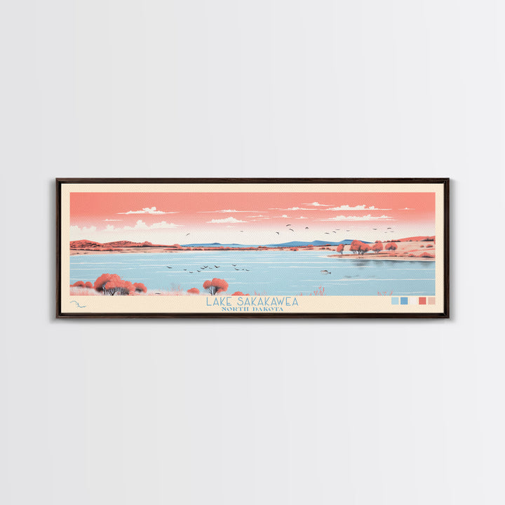 Lake Sakakawea North Dakota Framed Canvas Print, Panoramic Wall Art, Midcentury Modern, Pop Art, Living Room Decor, Travel Poster, Lake House Art