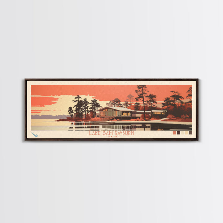 Lake Sam Rayburn Texas Framed Canvas Print, Panoramic Wall Art, Midcentury Modern, Pop Art, Living Room Decor, Travel Poster, Lake House Art