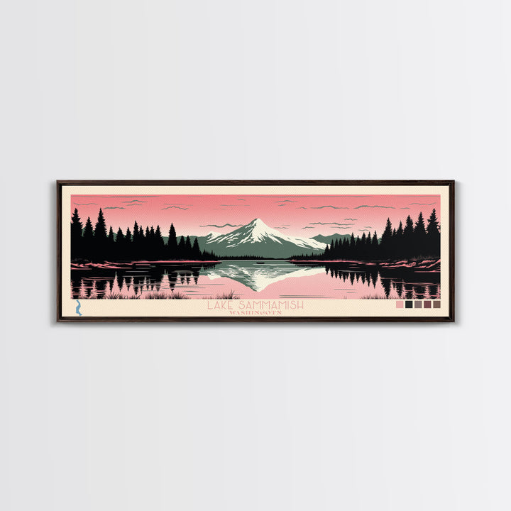 Lake Sammamish Washington Framed Canvas Print, Panoramic Wall Art, Midcentury Modern, Pop Art, Bedroom Art, Travel Poster, Lake House Decor