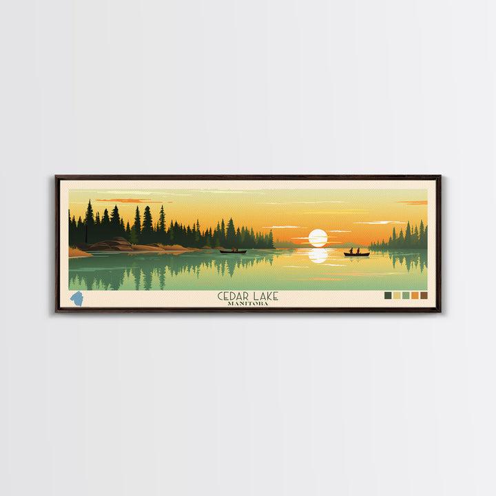 Lakes Cedar, Manitoba Panoramic Wall Art Framed Canvas Print, Midcentury Modern, Pop Art, Home Decor, Travel Poster, Living Room Art