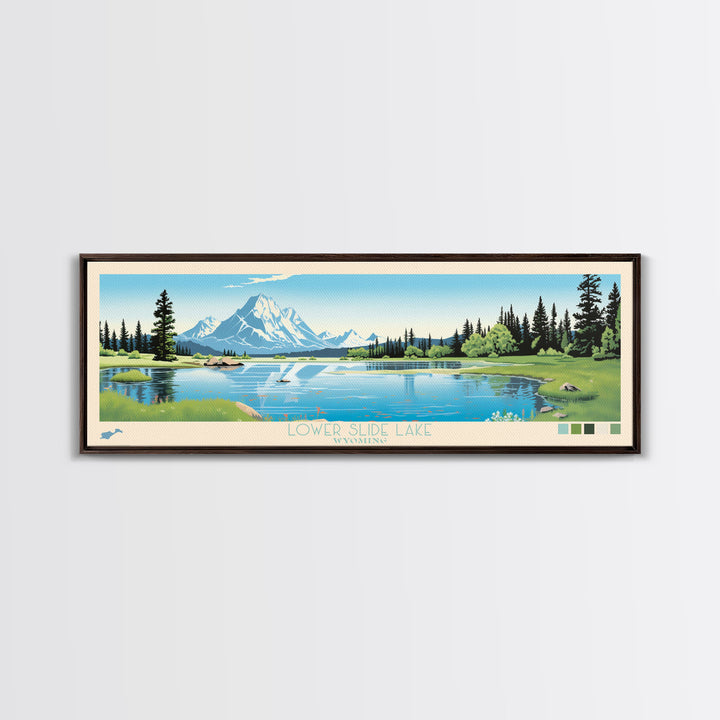 Lower Slide Lake, Wyoming Panoramic Wall Art Framed Canvas Print, Midcentury Modern, Pop Art, Home Decor, Travel Poster, Living Room Art