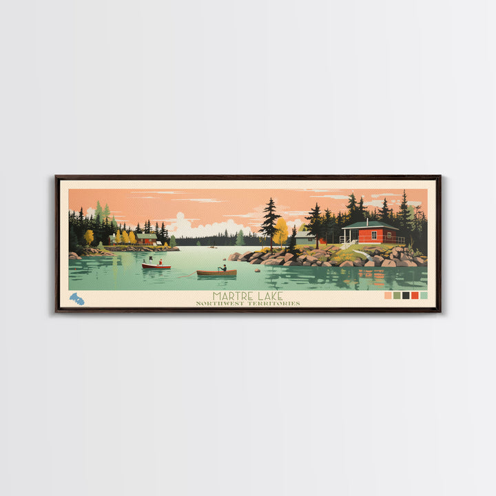 Martre Lake, Northwest Territories Panoramic Wall Art Framed Canvas Print, Midcentury Modern, Pop Art, Home Decor, Travel Poster, Living Room Art