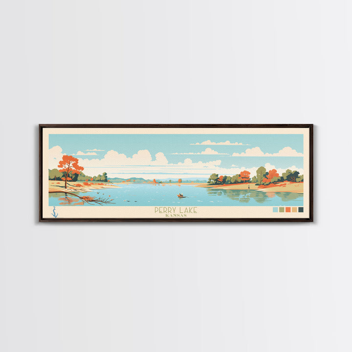 Perry Lake, Kansas Framed Canvas Print, Panoramic Wall Art, Midcentury Modern, Pop Art, Home Decor, Travel Poster, Living Room Art