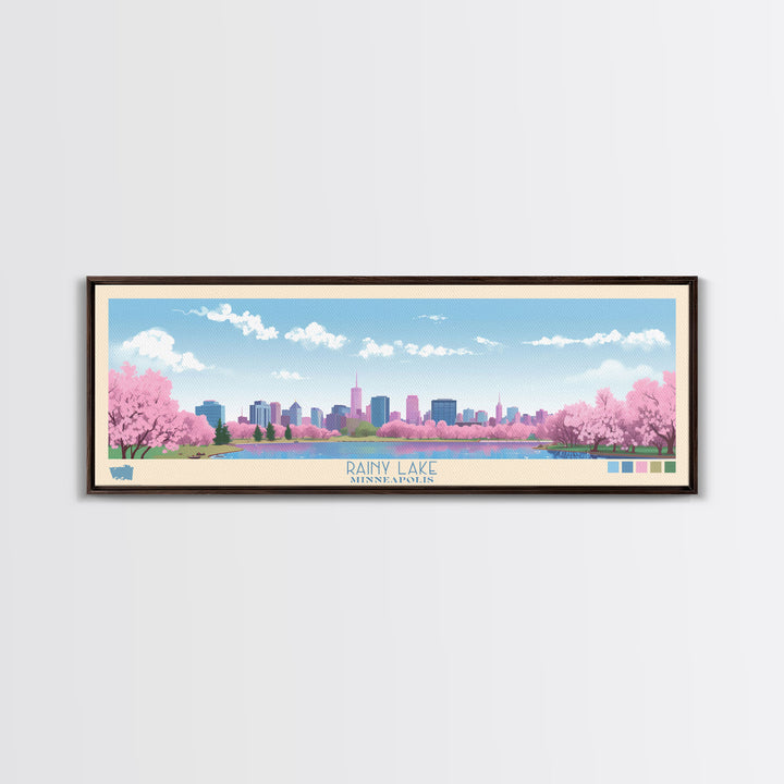 Rainy Lake, Minneapolis Framed Canvas Print, Bedroom Art, Midcentury Modern, Pop Art, Panoramic Wall Art, Travel Poster