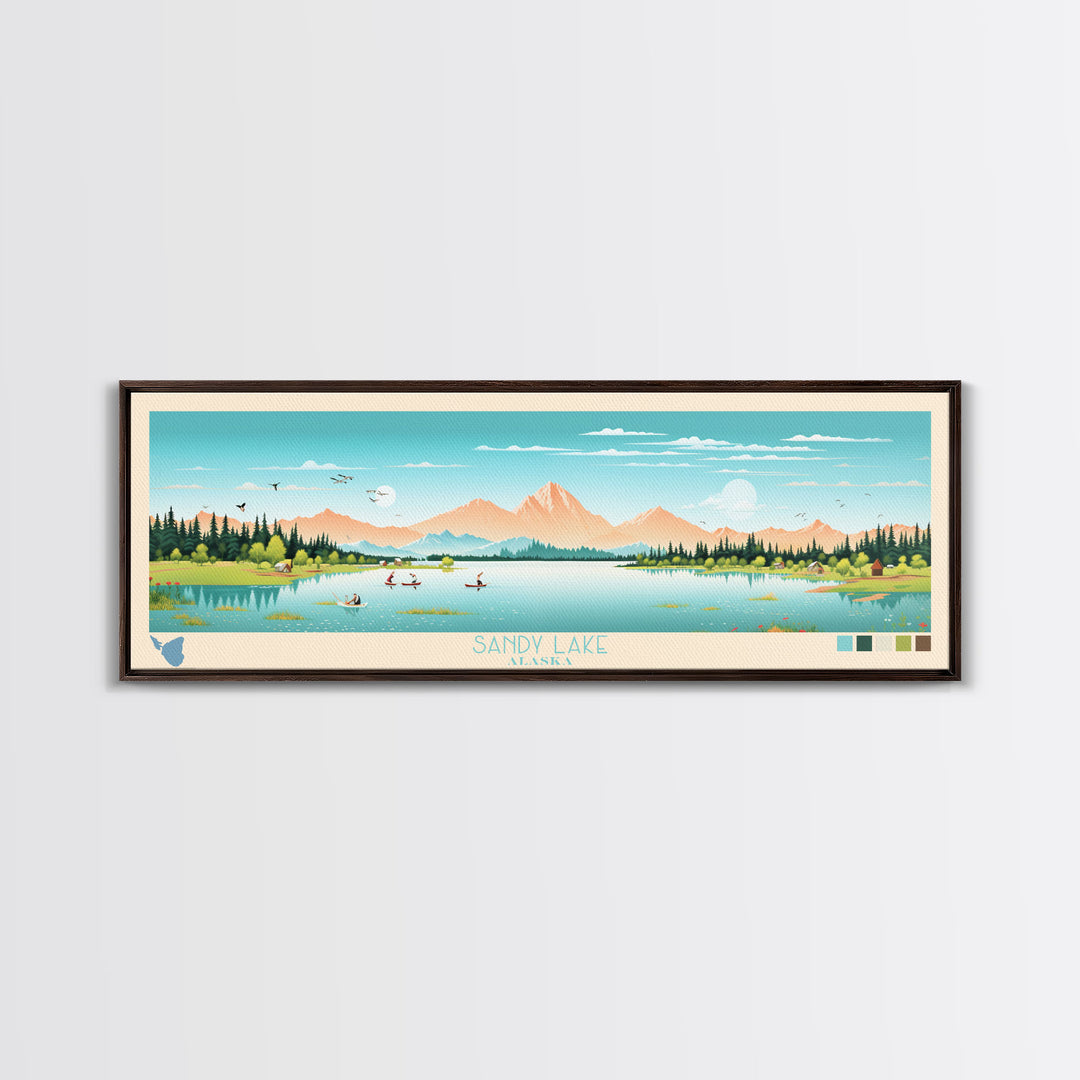 Sandy Lake, Alaska Framed Canvas Print, Panoramic Travel Poster, Midcentury Modern Art, Living Room Decor, Pop Art, Wall Art
