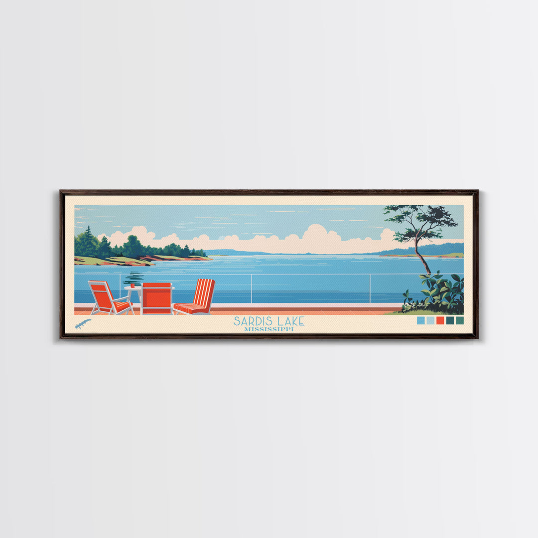 Sardis Lake, Mississippi Framed Canvas Print, Panoramic Wall Art, Midcentury Modern Decor, Bedroom Art, Pop Art, Travel Poster