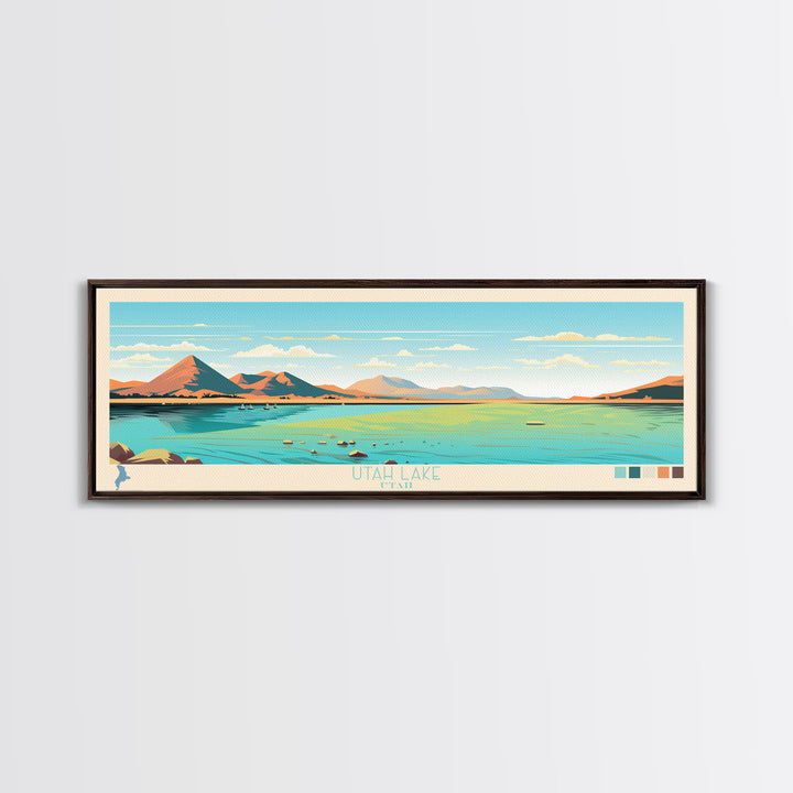 Utah Lake, Utah Framed Canvas Print, Panoramic Lake House Decor, Midcentury Modern Art, Pop Art, Travel Poster, Bedroom Wall Art
