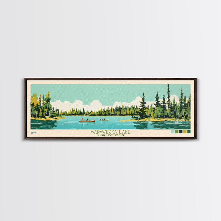 Wapawekka Lake, Saskatchewan Framed Canvas Print, Panoramic Lake House Decor, Midcentury Modern Art, Pop Art, Travel Poster, Bedroom Wall Art