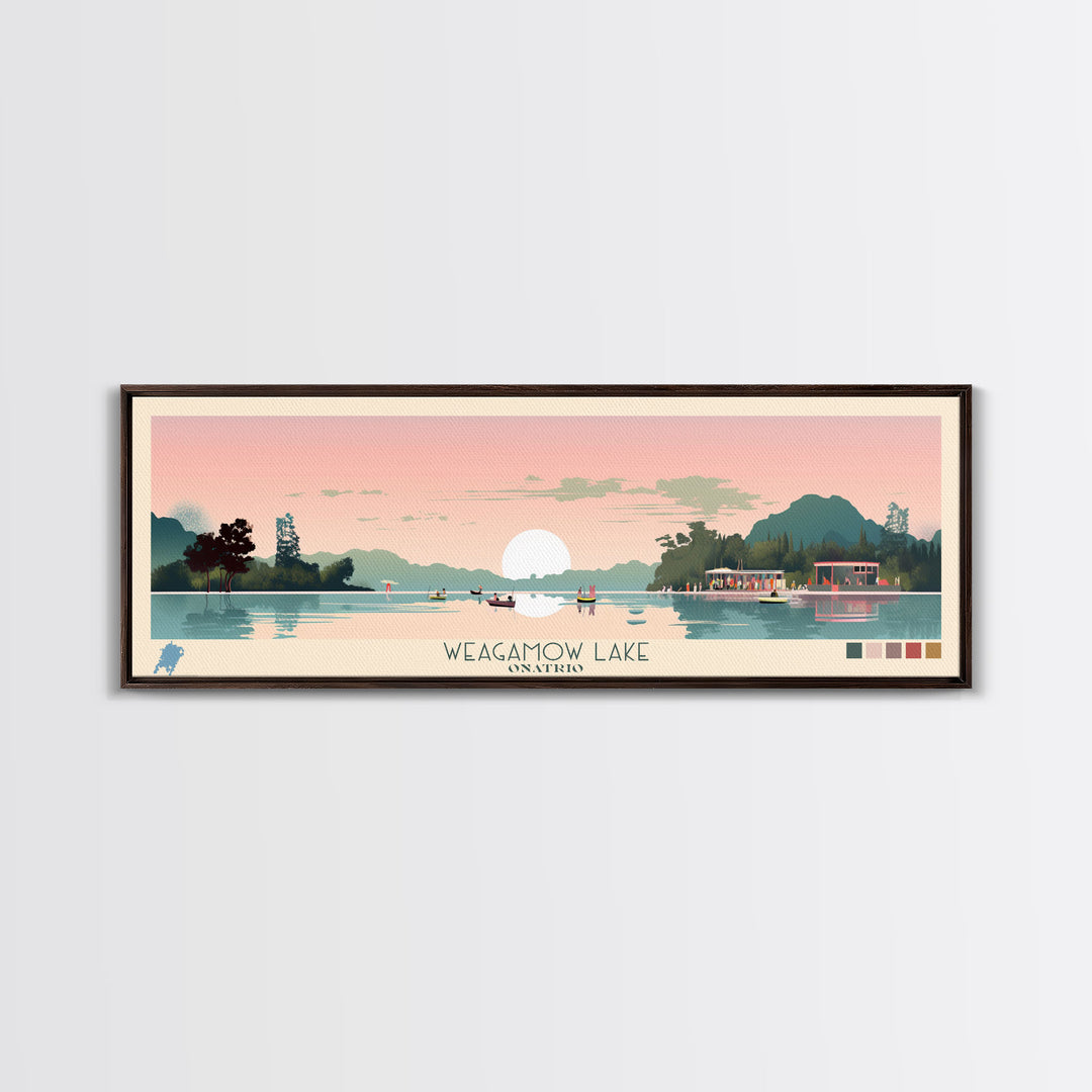 Weagamow Lake, Ontario Panoramic Framed Canvas Print, Lake House Art, Midcentury Modern Decor, Pop Art, Travel Poster, Wall Art