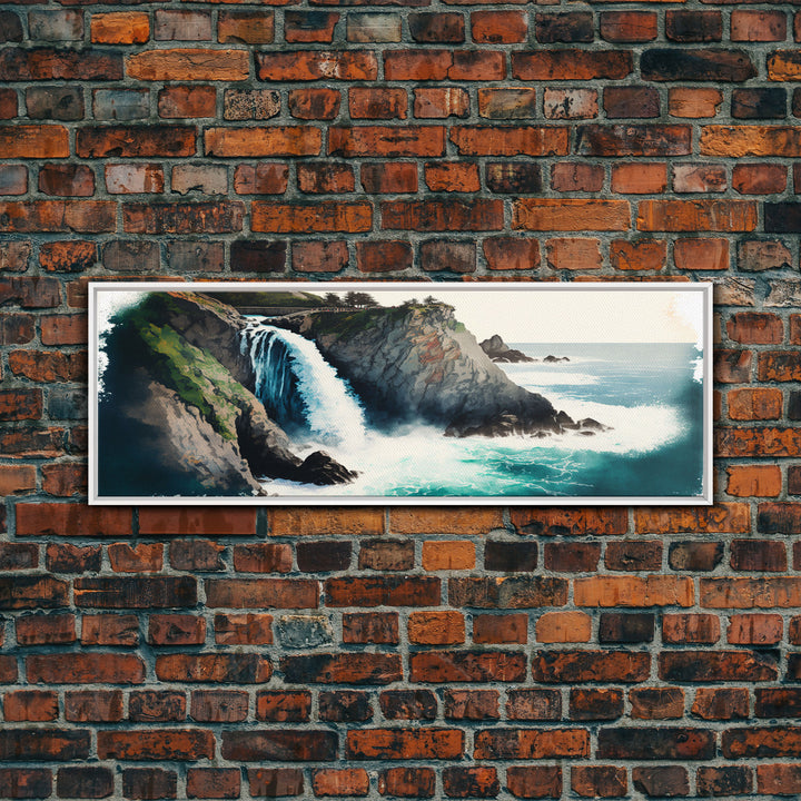 Panoramic Framed Canvas Print - Watercolor Fantasy Waterfall - Home Decor, Living Room, Secret Water Fall, Fantasy Art