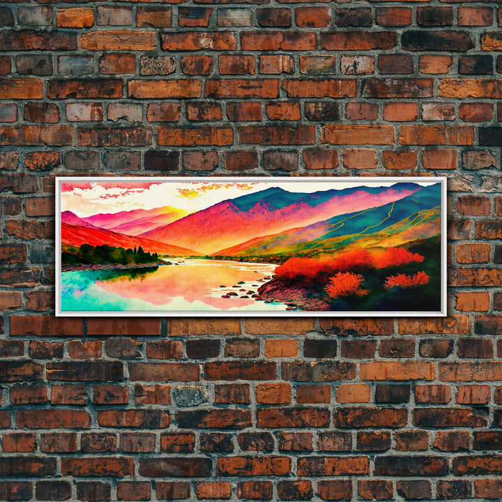 Colorful Abstract Watercolor Landscape, Framed Panoramic Canvas Print, Wide Art, Rainbow landscape painting, surrealist art