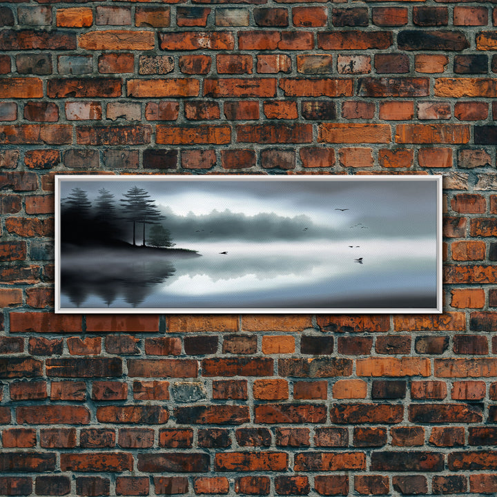 Pacific Northwest Lake & Pine Tree Forest Foggy Watercolor Canvas Print - Framed Panoramic Wall Art Home Decor