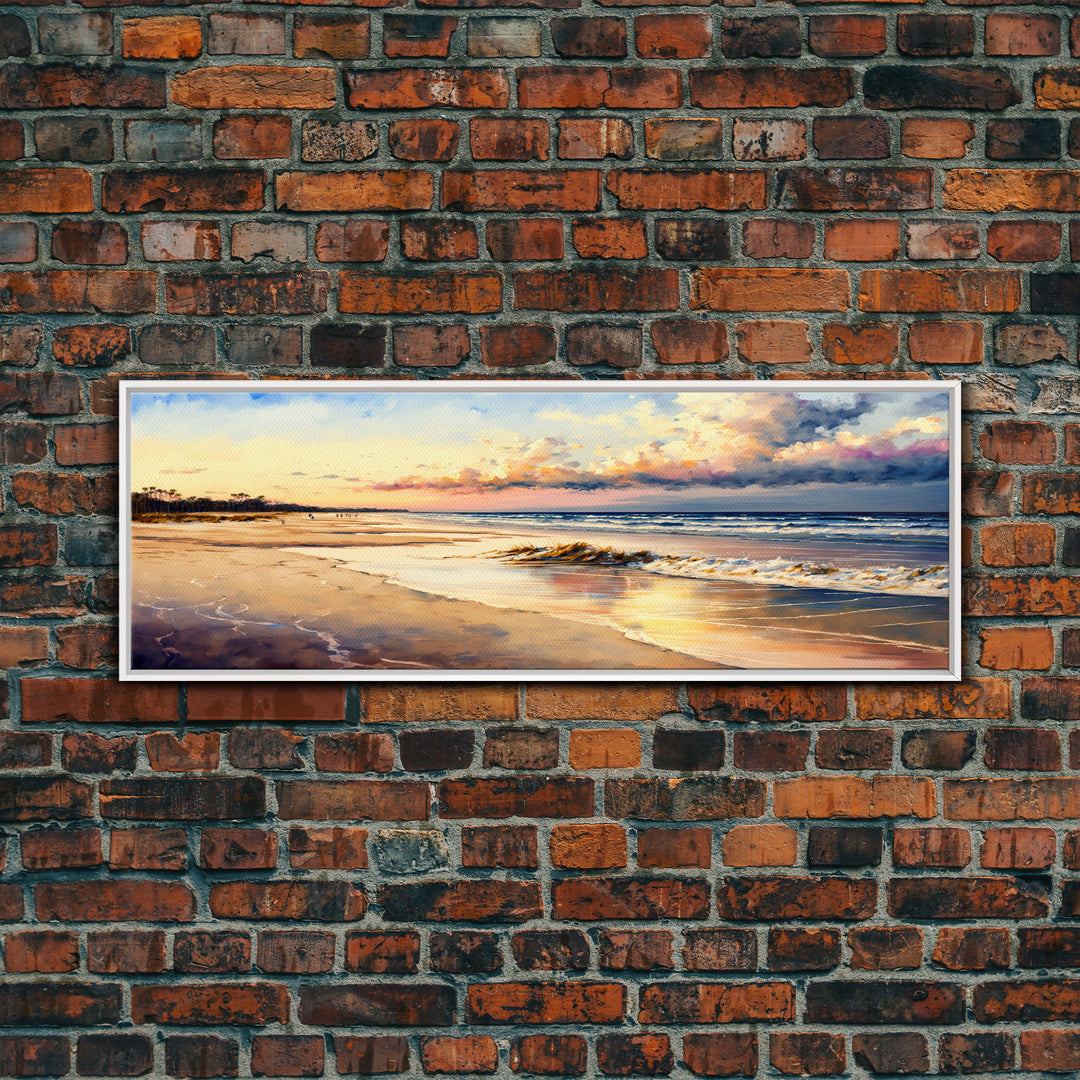 Panoramic Beach Sunset Canvas Print, Watercolor Landscape Framed Art, Whimsical Home Decor, Nature Wall Art, Wide Wall Art