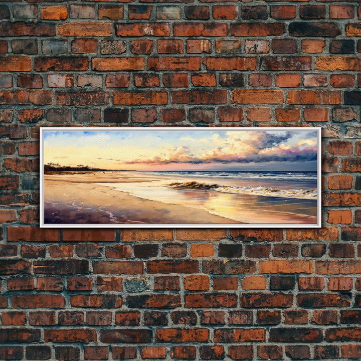 Panoramic Beach Sunset Canvas Print, Watercolor Landscape Framed Art, Whimsical Home Decor, Nature Wall Art, Wide Wall Art