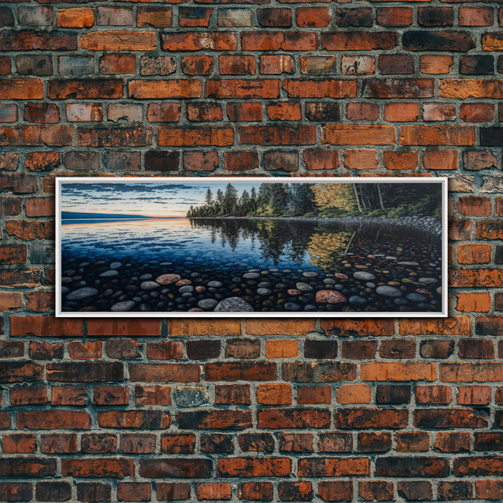 Pacific Northwest Stream or River Watercolor Panoramic Canvas Print | Framed | Colorful Pebbles | Vibrant Colors | Home & Office Décor