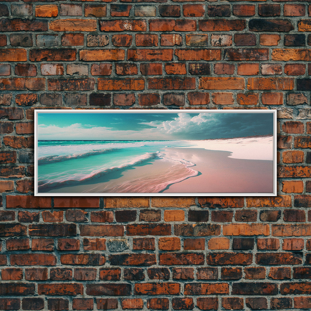 Panoramic Framed Canvas Print of Watercolor Beach Sunset Landscape Painting, Blue Ocean Waves, Tranquil Art, Peaceful Art