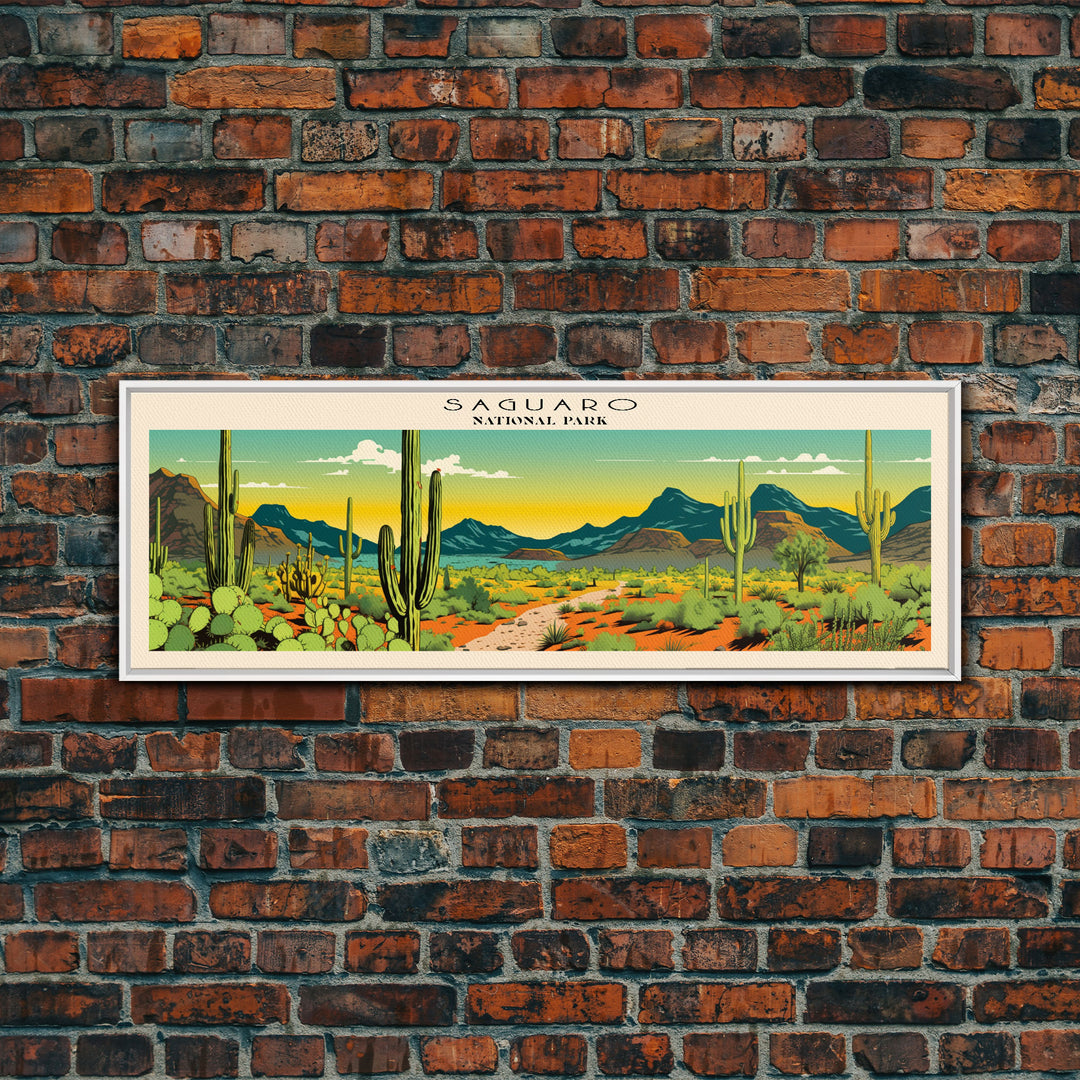 Saguaro  National Park Panoramic Arizona Travel Art, National Park Print, Minimalist Travel Art, Subdued Watercolor Painting Panoramic