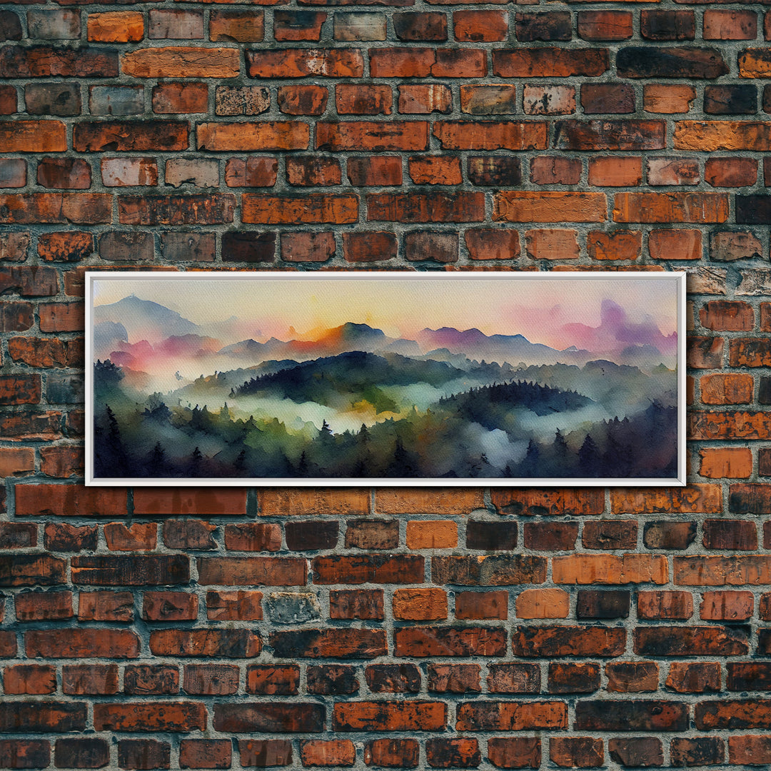 Dramatic Watercolor Sunset Landscape, Ready To Hang Canvas Print, Panoramic, Emerald Green Landscape Wall Decor