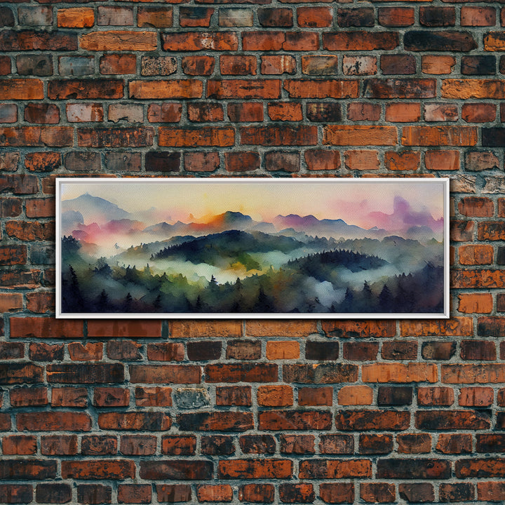 Dramatic Watercolor Sunset Landscape, Ready To Hang Canvas Print, Panoramic, Emerald Green Landscape Wall Decor