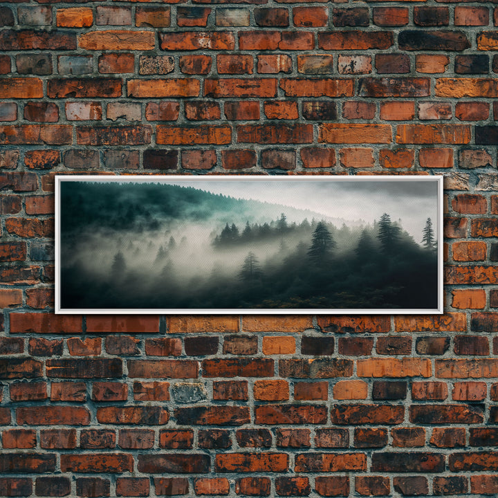 Panoramic watercolor of a misty forest fog, wall art, framed canvas print, farmhouse decor, foggy pine tree forest landscape, cabin art