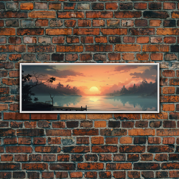 Custom Lakehouse Wall Art Framed Canvas Print, Gift For Him / Her, Lake House Decor, Watercolor Painting Of A Sunset Over The Lake