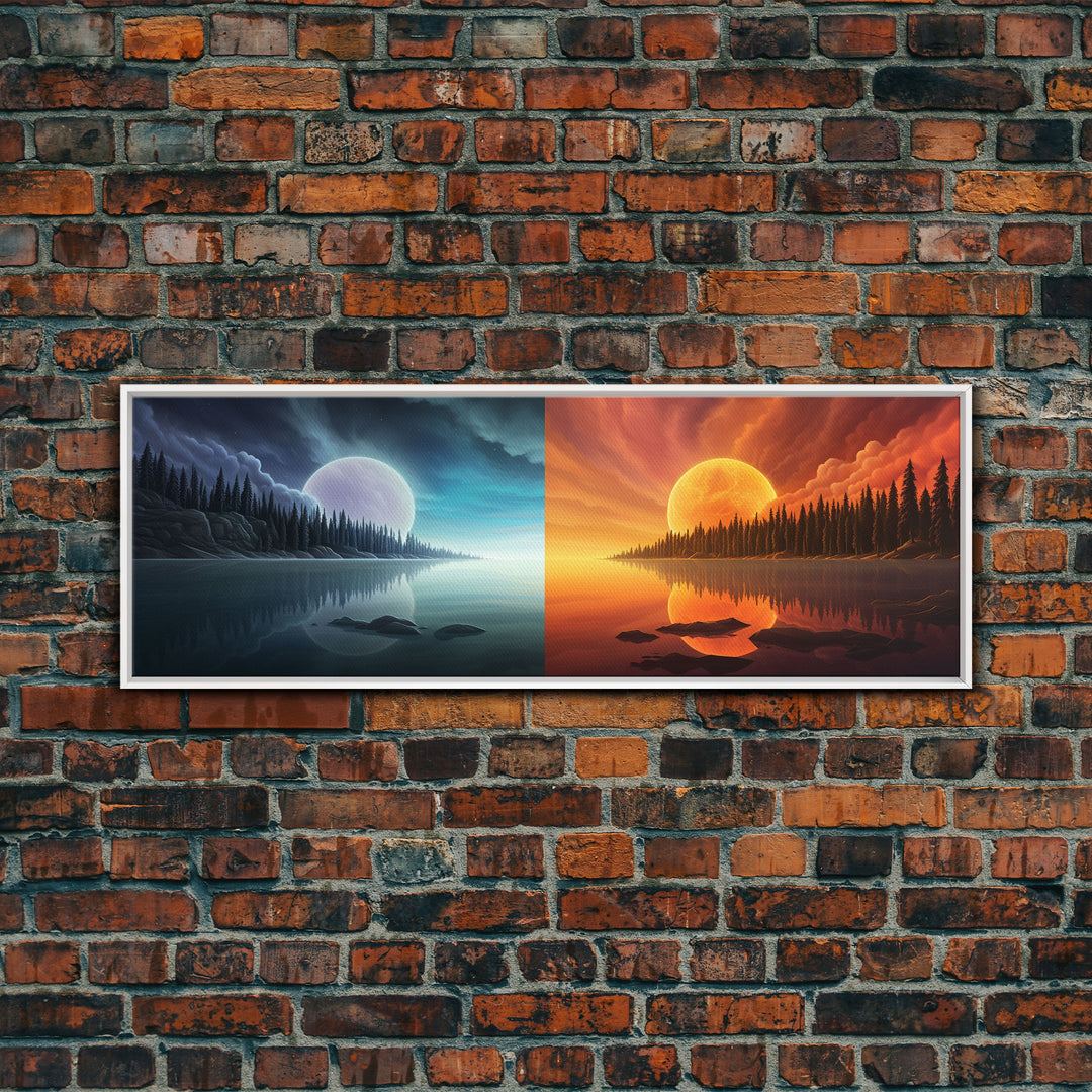 Night and Day Mirror Image Wall Art, Cool Reflection Wall Art, Framed Canvas Print, Pop Art, Minimalist Modern Art Landscape