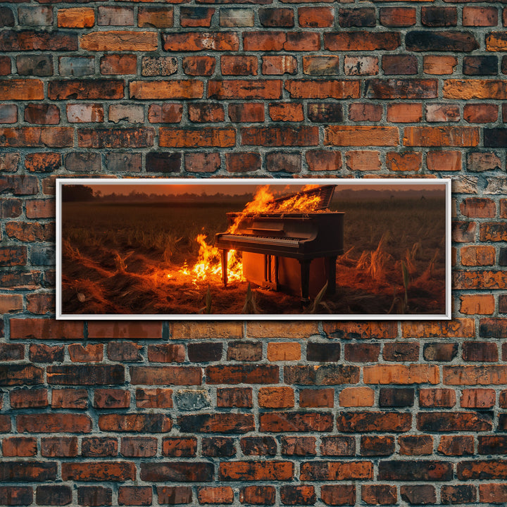 Urban Decay, Street Punk Art, Framed Canvas Print, Burning Grand Piano In A Field at Sunset, Dystopian Decor