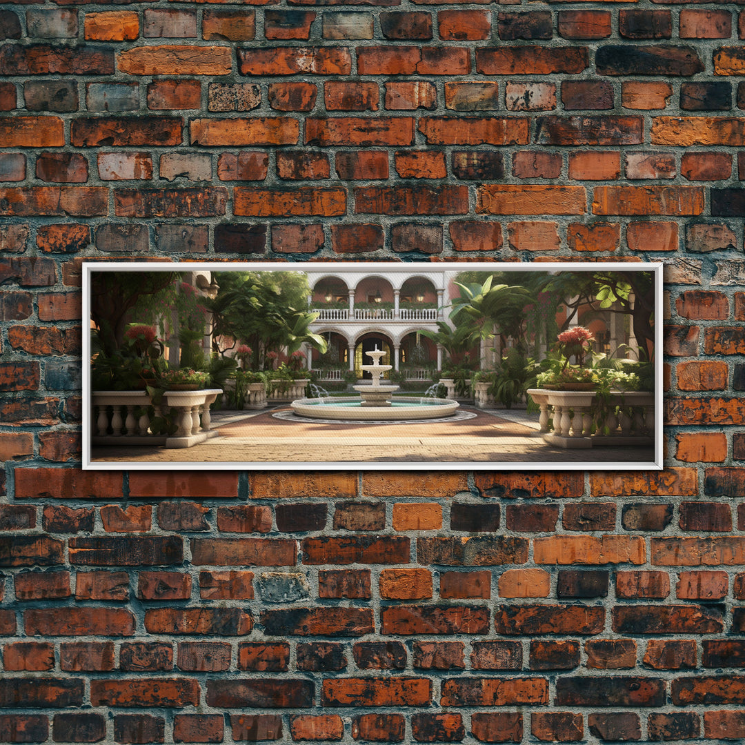 The Court Yard With The Marble Fountain, Framed Canvas Print, Watercolor Painting Framed Wall Art