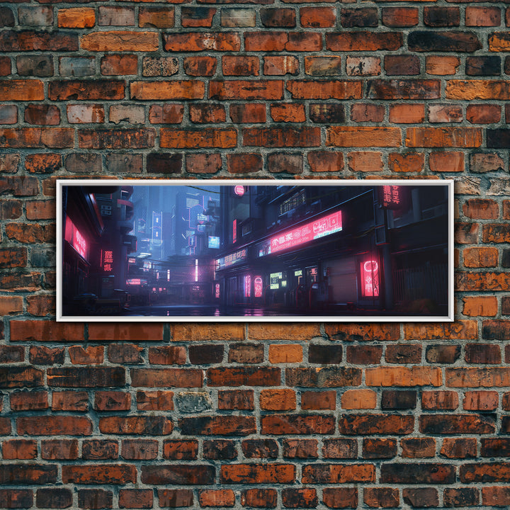 Neon Tokyo Streets, Futuristic Cyberpunk Cityscape Painting Framed Canvas Print, Game Room Decor, Framed Wall Art