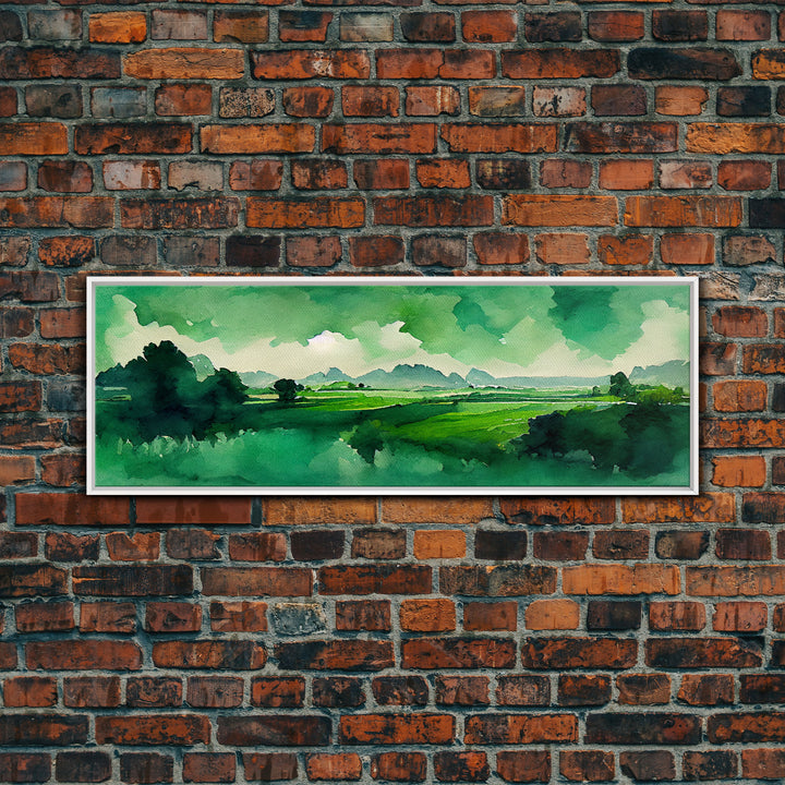 Watercolor Forest Landscape, Emerald Green, Extra Large Wall Art, Framed Panoramic Canvas Print, Framed Wall Decor