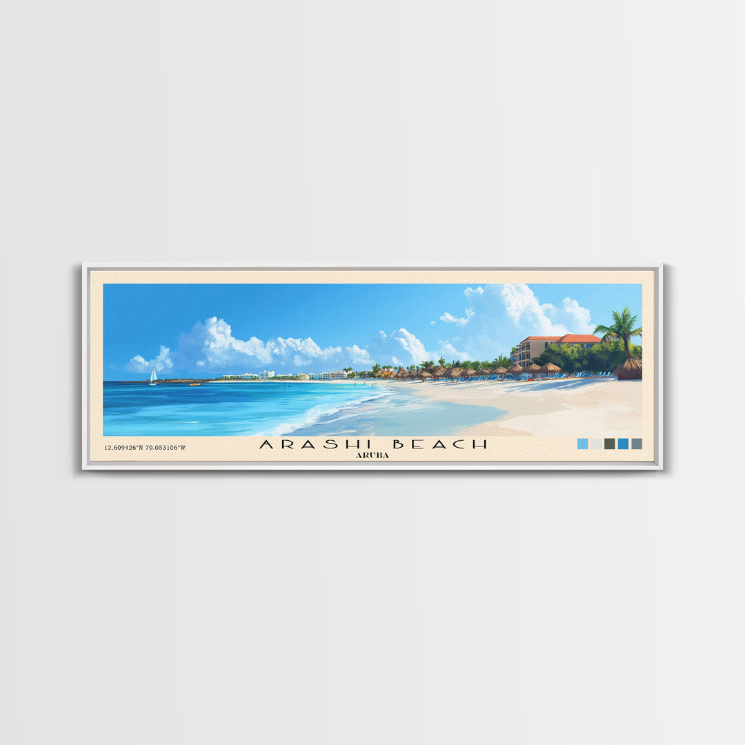 Arashi Beach, Aruba Panoramic Print, Vacation Gift, Aruba Wall Art, Beach Painting, Beach Decor, Large Wall Art, Wood Frame Art