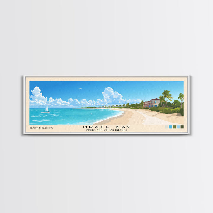 Grace Bay, Turks and Caicos Islands Panoramic Beach Print, Vacation Gift, Turks and Caicos Islands Wall Art, Framed Canvas Print, Framed Beach Painting