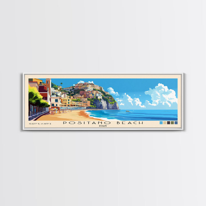 Positano Beach, Italy Panoramic Print, Vacation Gift, Italy Wall Art, Beach Painting, Beach Decor, Beach Or Lakehouse Art