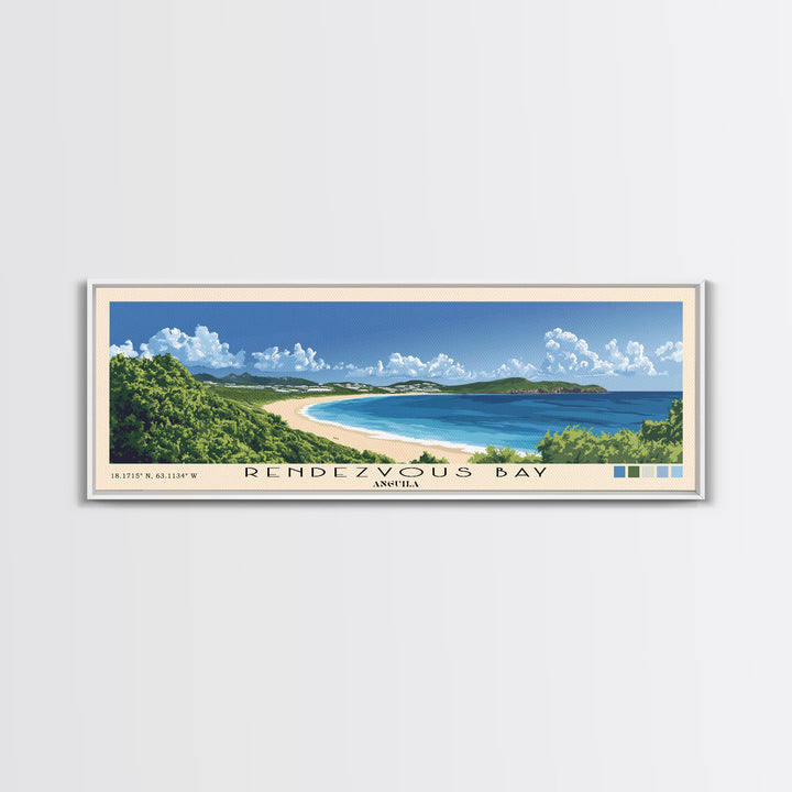 Rendezvous Bay, Anguila Panoramic Beach Print, Vacation Gift, Anguila Wall Art, Framed Canvas Print, Framed Beach Painting