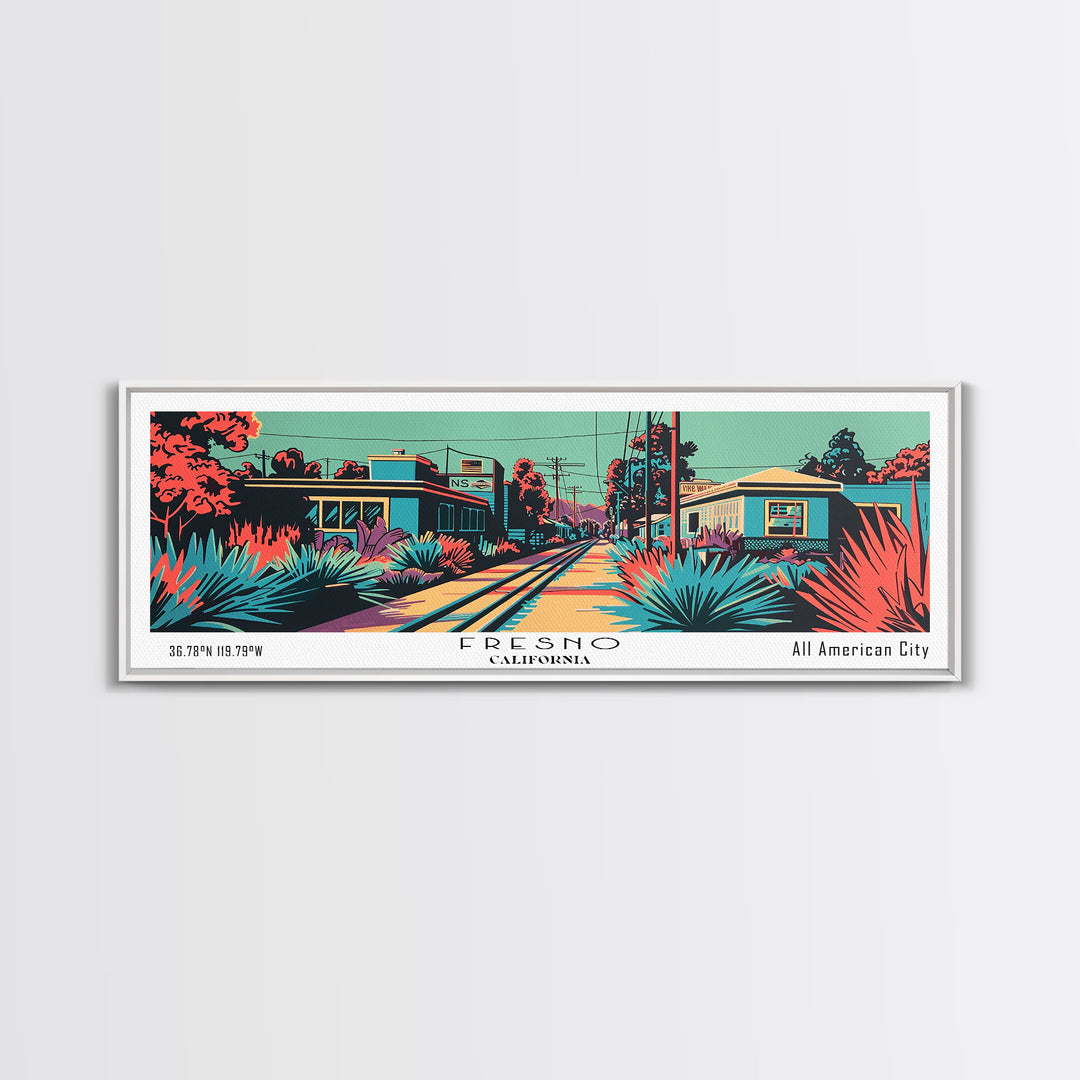Fresno California Panoramic Framed Canvas Print, Travel Poster, Mid Century Modern Art, Pop Art Style, Wall Art, Home Decor, Living Room Art, Vintage Wall Art